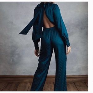 Happy x Nature (by Kate Hudson) Teal Satin Backless Jumpsuit